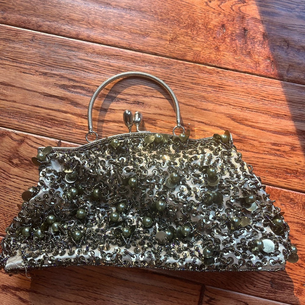 Beaded Ivory Evening Clutch with Olive Accents
